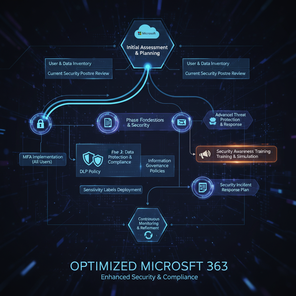 A flowchart illustrating the process of optimising a Microsoft 365 environment, highlighting steps like MFA implementation, DLP policy configuration, and security awareness training.