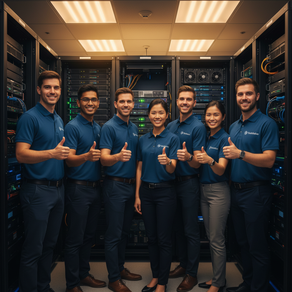 A diverse team of IT professionals smiling and giving a thumbs-up in front of a server rack, representing confidence and expertise in managed IT services.