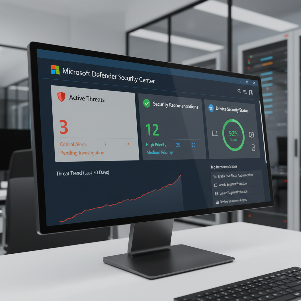 A screenshot of the Microsoft Defender dashboard, showing active threats and security recommendations.