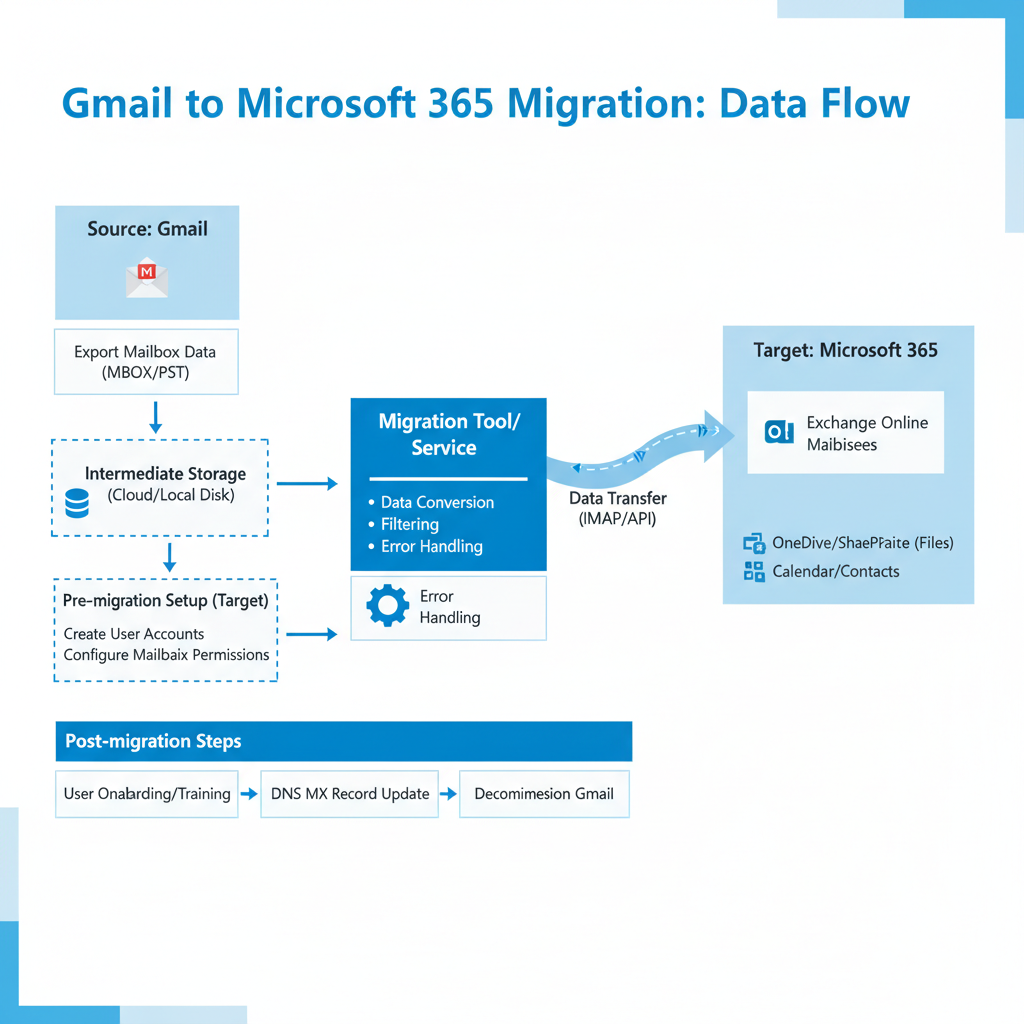 A diagram illustrating the data flow during a Gmail to Microsoft 365 migration, highlighting the key steps involved.