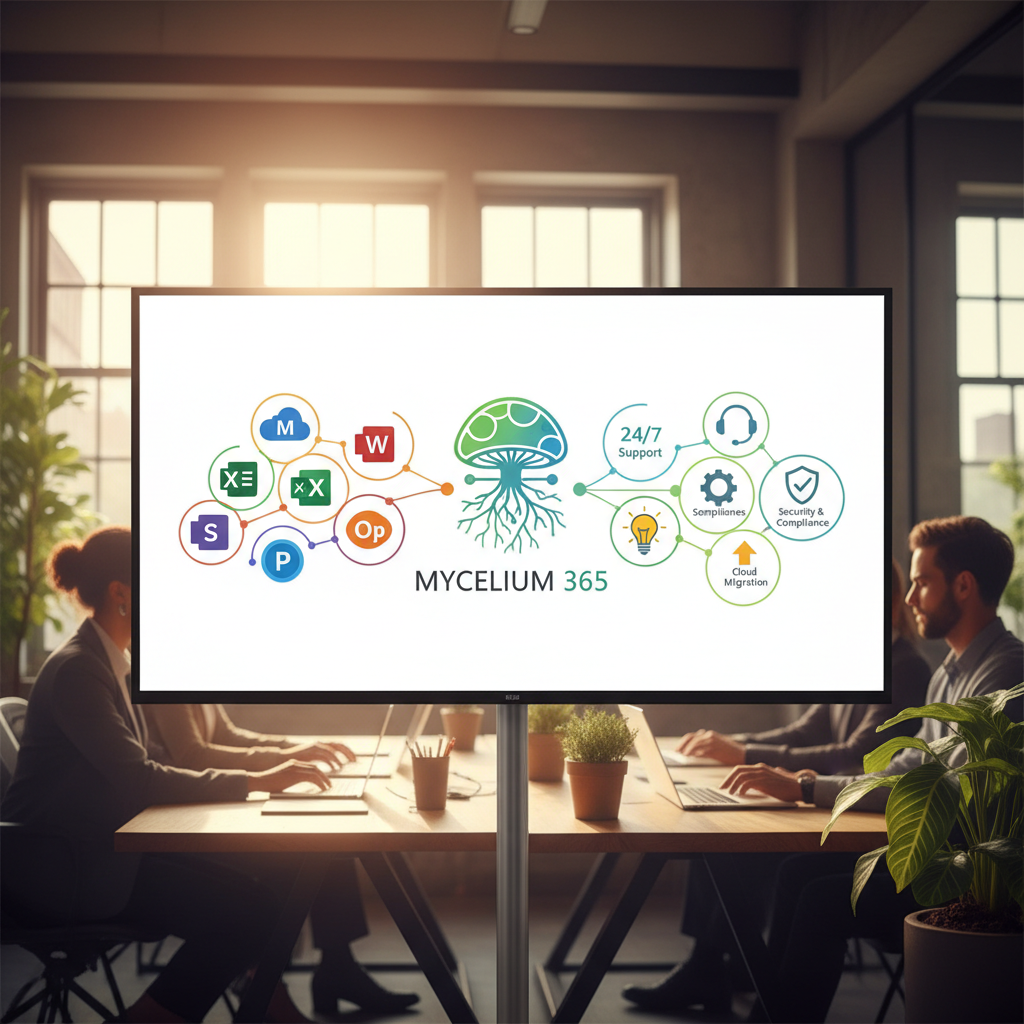 A graphic showcasing the Mycelium 365 logo with icons representing various Microsoft 365 services and support offerings.
