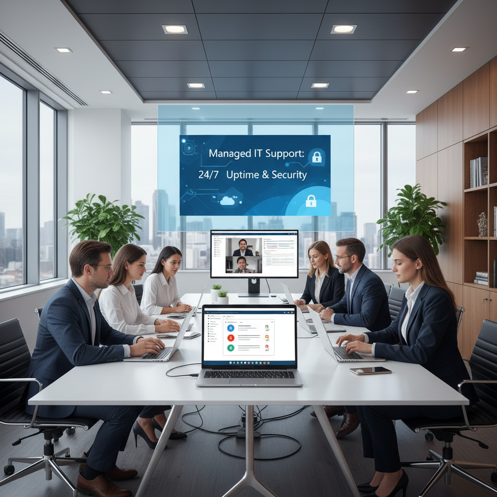 A business team collaborating on laptops in a modern office, showcasing the seamless collaboration enabled by Microsoft 365 and Managed IT support.