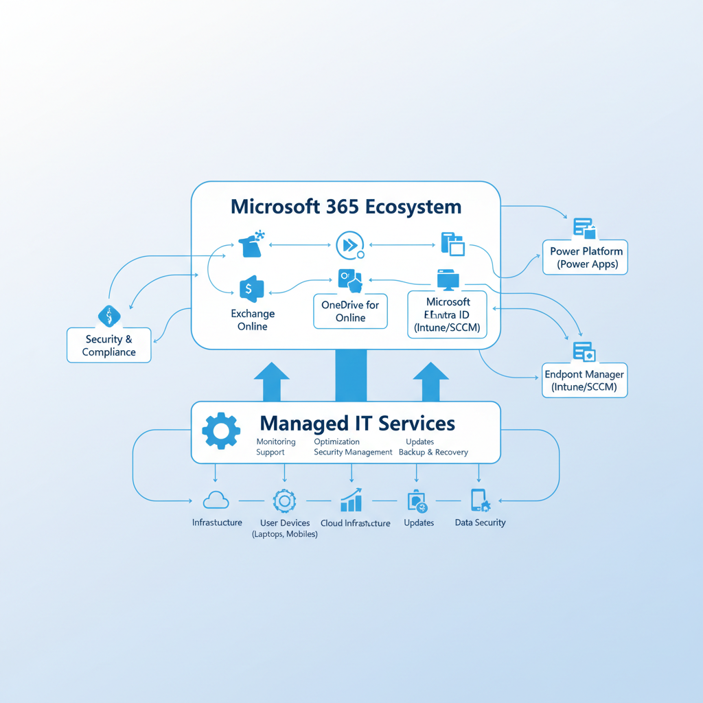 A diagram illustrating the various components of Microsoft 365 and how they are interconnected, highlighting the role of Managed IT services in maintaining and optimizing the entire ecosystem.