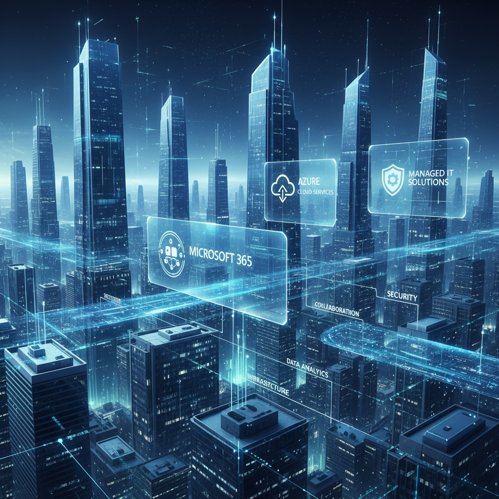 A futuristic cityscape with data streams flowing between buildings, representing the interconnectedness of Microsoft 365, Azure cloud services, and Managed IT solutions in a modern business environment.