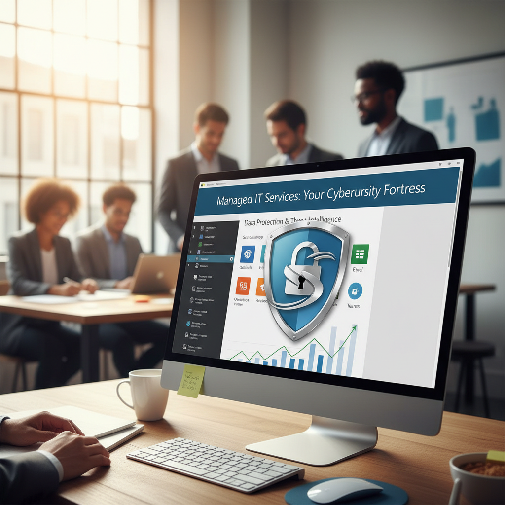 A security shield icon superimposed on a screen displaying the Microsoft 365 interface, emphasizing the importance of cybersecurity and the role of Managed IT services in protecting sensitive data.
