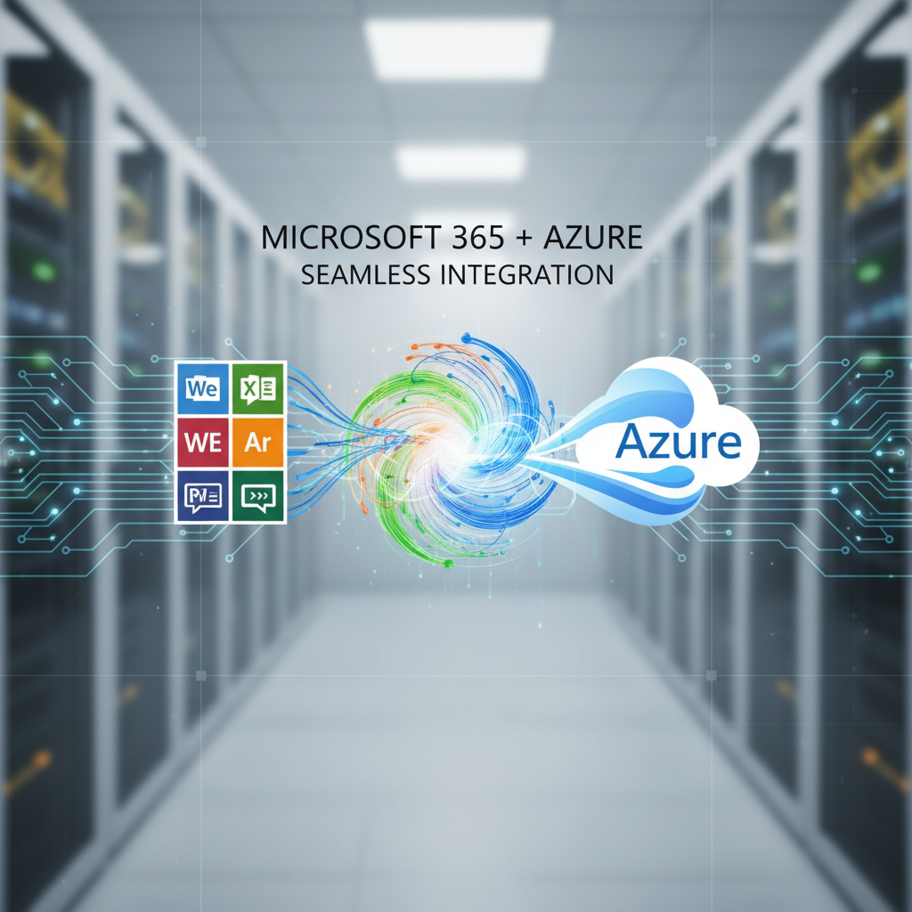 Illustration of Microsoft 365 and Azure logos merging, representing seamless integration.