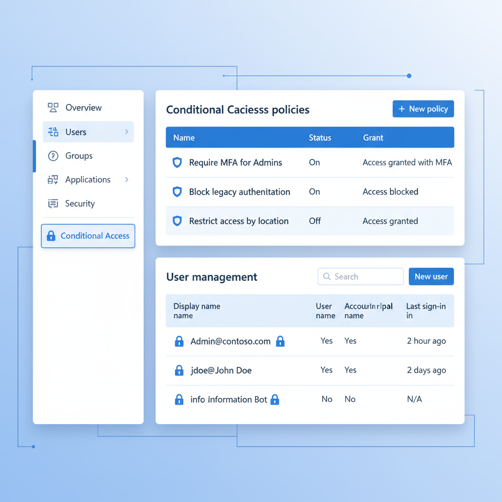 Screenshot of the Entra ID admin center, showcasing conditional access policies and user management features.