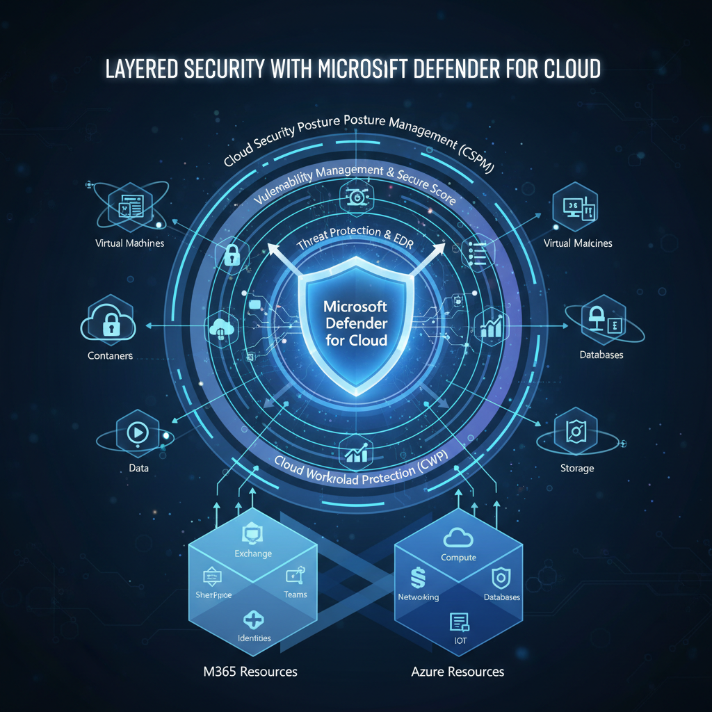Diagram illustrating the layered security approach of Microsoft Defender for Cloud, protecting M365 and Azure resources.