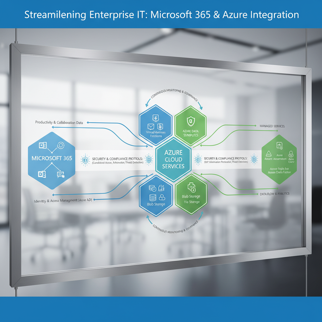 A diagram illustrating the integration of Microsoft 365 and Azure, showing data flow, security protocols, and managed services.