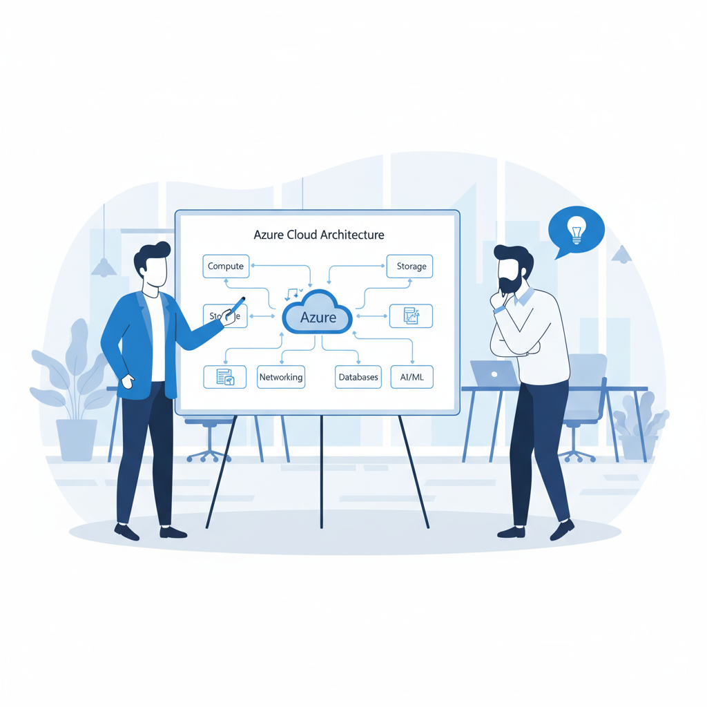 A consultant explaining Azure architecture on a whiteboard to a business owner in a modern office setting.