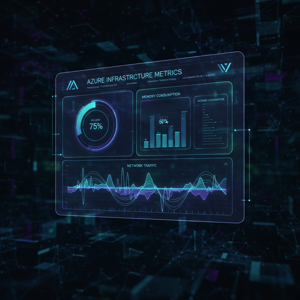 A dashboard displaying Azure infrastructure metrics, including CPU usage, memory consumption, and network traffic.
