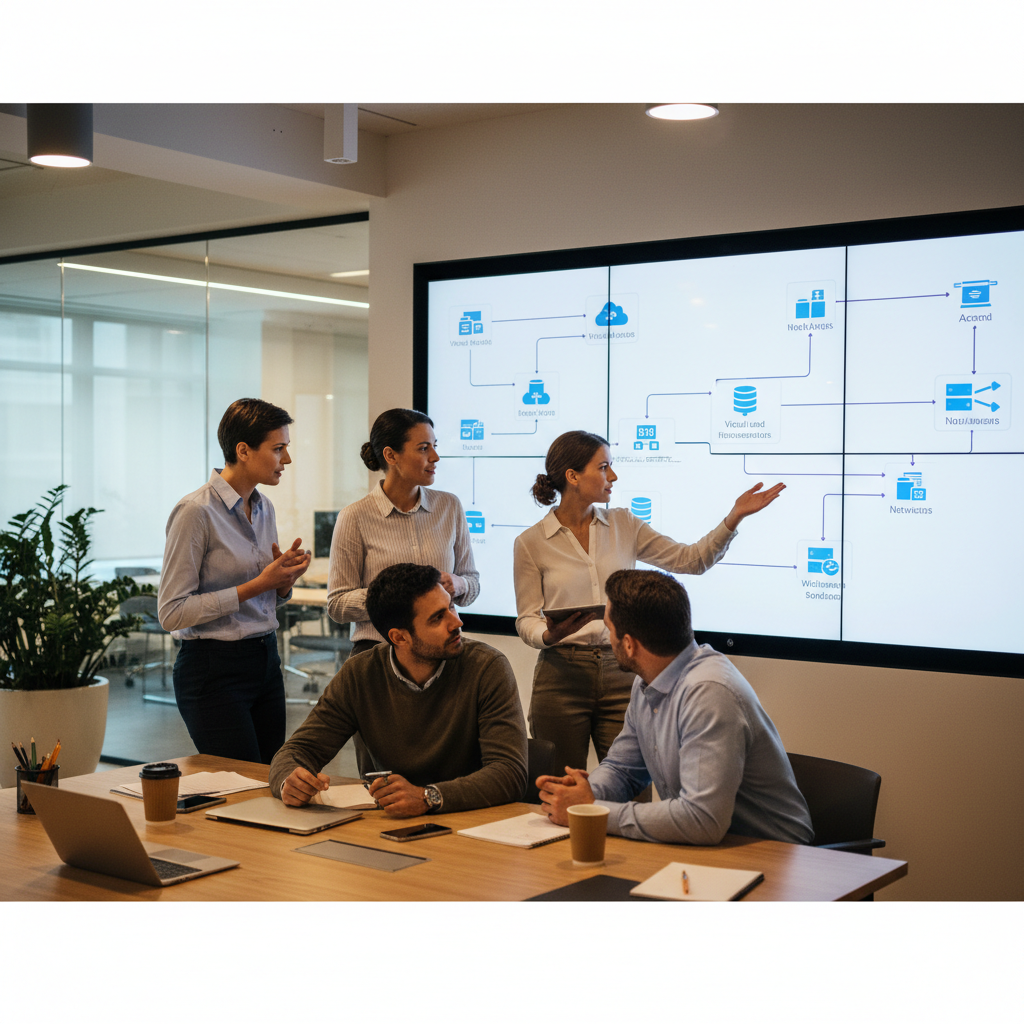 A team of IT professionals collaborating around a large screen displaying Azure cloud infrastructure diagrams.