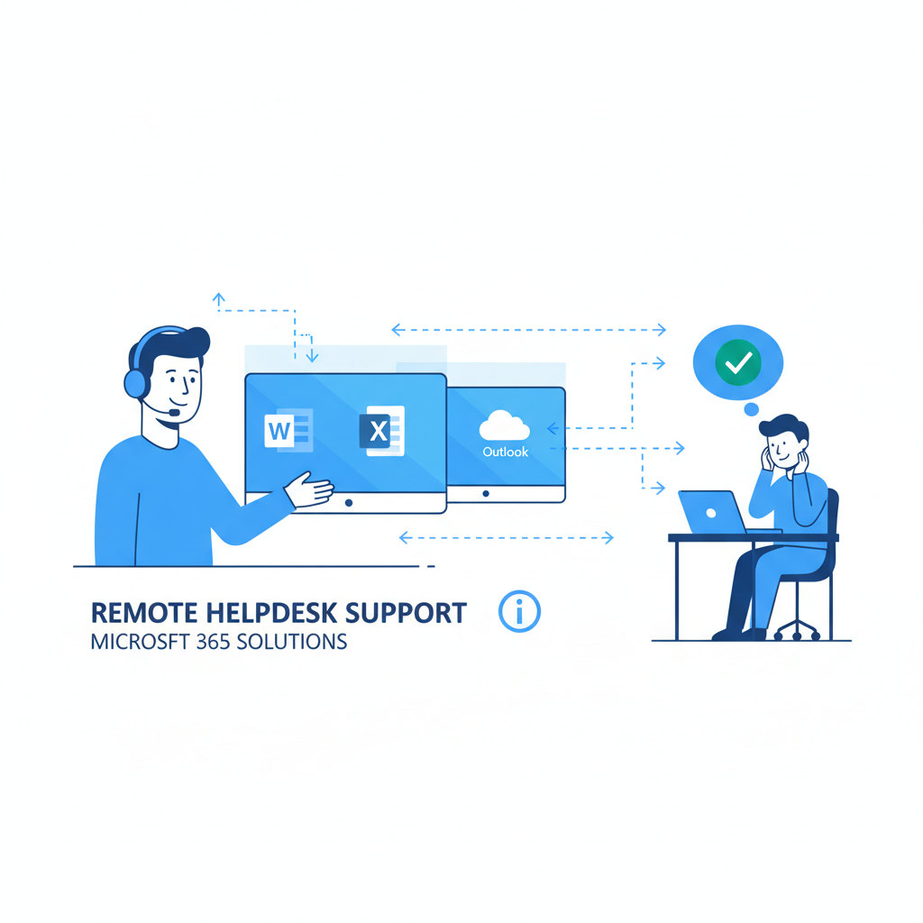 A technician providing remote Helpdesk Support, using a headset and multiple monitors to assist a user with a Microsoft 365 issue.