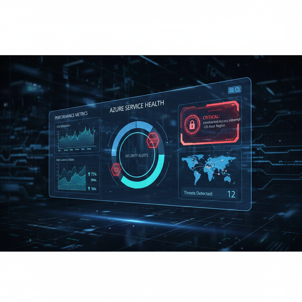 A dashboard displaying the status of various Azure services, highlighting security alerts and performance metrics.