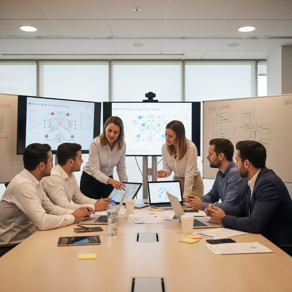 A team of IT professionals collaborating around a table, discussing strategies for optimising a client's Microsoft 365 and Azure environment.