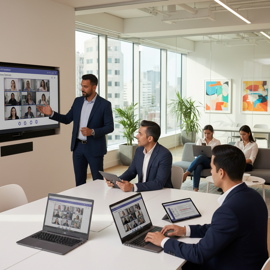 A team of professionals collaborating on a project using Microsoft Teams on various devices, including laptops, tablets, and smartphones, in a modern office environment.