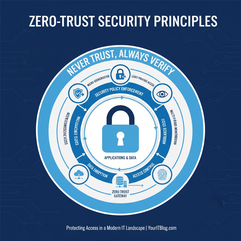A diagram illustrating the principles of Zero Trust Security, showing various layers of security controls and authentication processes protecting access to resources.