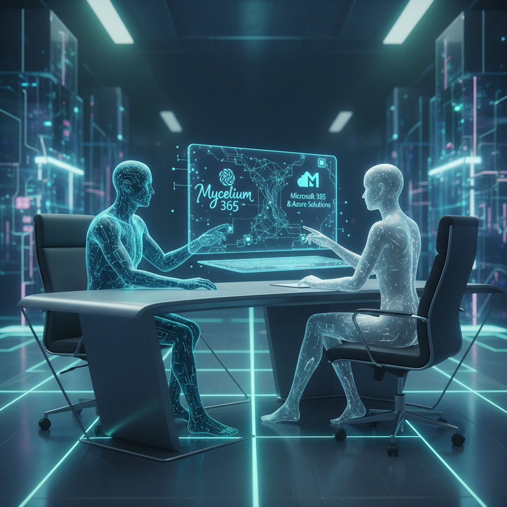 A Mycelium 365 consultant working with a client in their office, discussing Microsoft 365 and Azure solutions on a laptop screen.