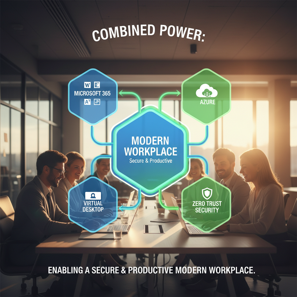 A graphic illustrating the interconnectedness of Microsoft 365, Azure, Virtual Desktop, and Zero Trust Security, highlighting their combined power in enabling a secure and productive modern workplace.