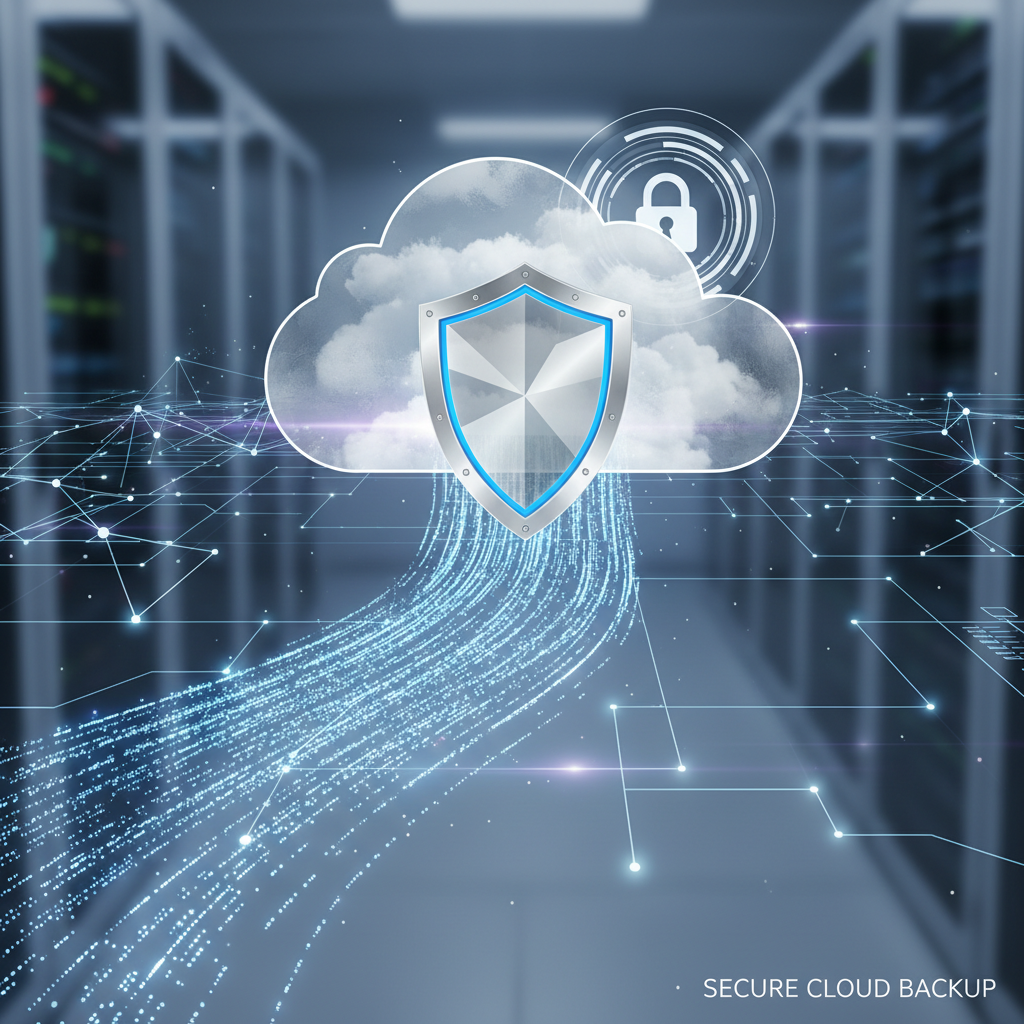 A stylized representation of data flowing through a network, being backed up to a secure cloud storage location, with a shield icon superimposed over the data stream.