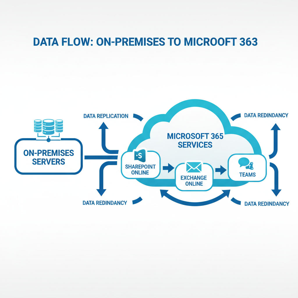 A diagram illustrating the data flow from on-premises servers to Microsoft 365 services (SharePoint, Exchange Online, Teams), with arrows indicating data replication and redundancy.