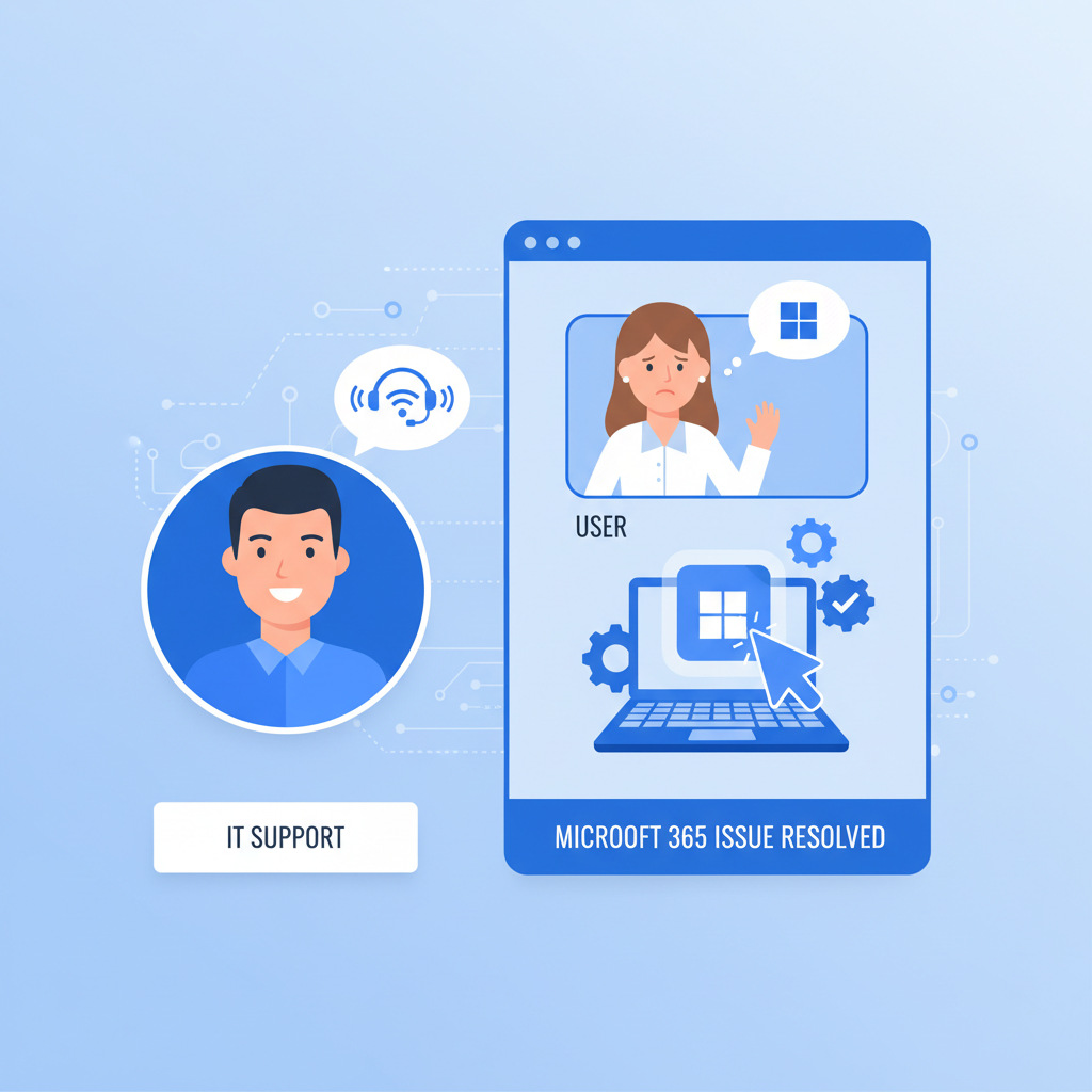 An IT technician providing remote support via a video call, assisting a user with a Microsoft 365 issue.