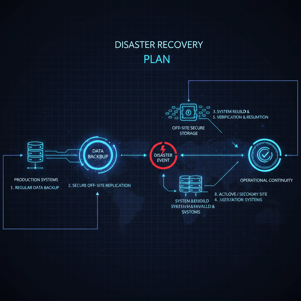 A diagram illustrating a disaster recovery plan, showing the steps involved in backing up data and restoring systems.