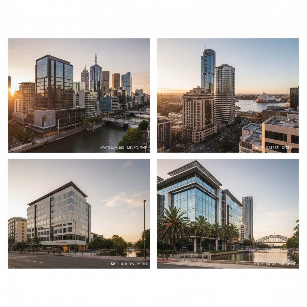 A collage of Mycelium 365's office locations in Melbourne, Sydney, Perth, and Brisbane.