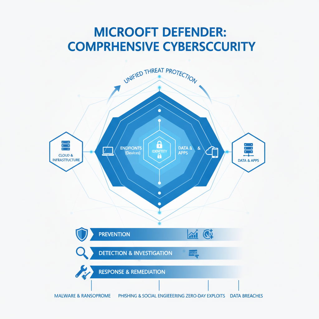 A diagram illustrating the layers of security provided by Microsoft Defender, showcasing its comprehensive protection against various cyber threats.