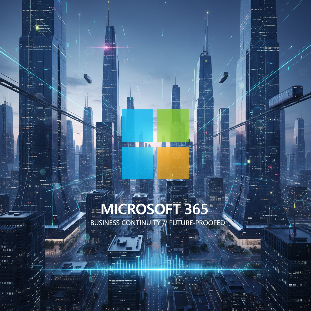 A futuristic cityscape with a glowing Microsoft 365 logo overlaid, representing the future-proof nature of the platform for Business Continuity.