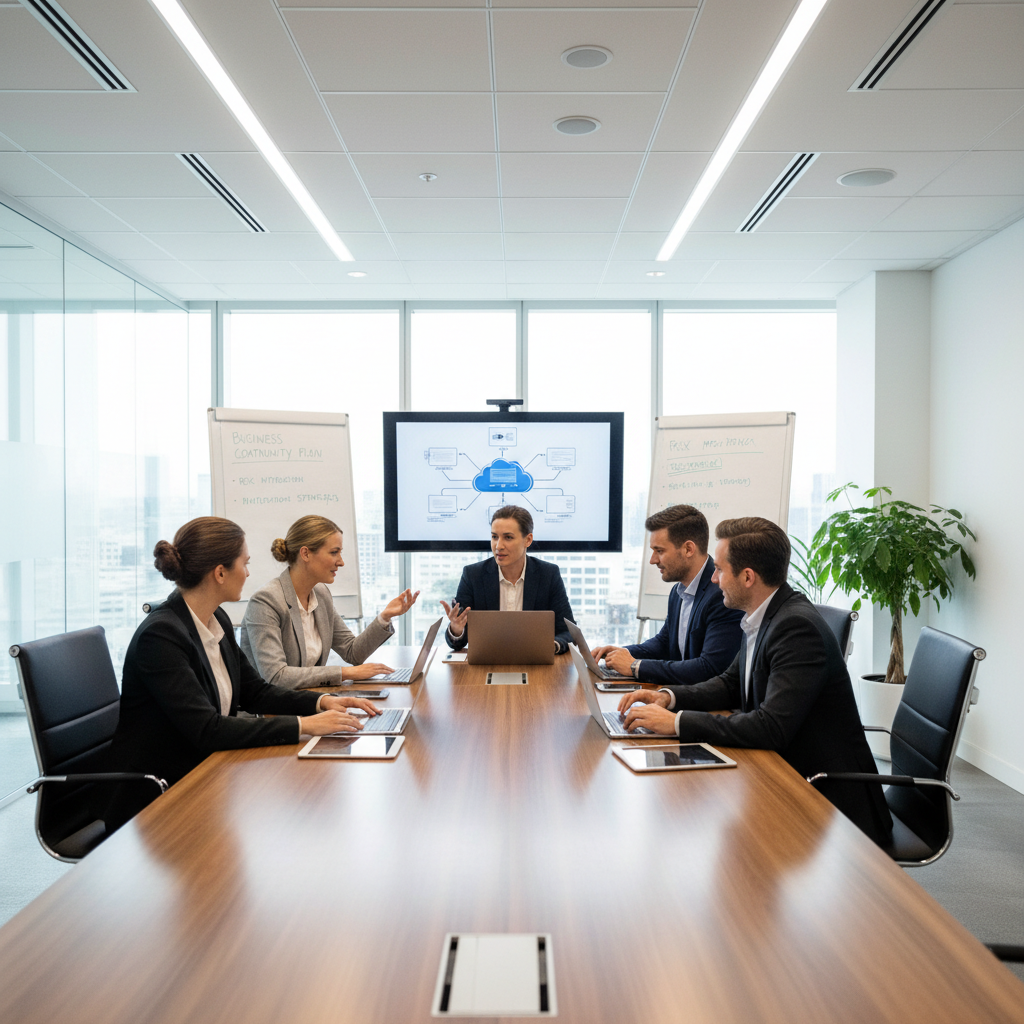 Office workers collaborating on laptops, discussing business continuity strategies in a modern office setting.