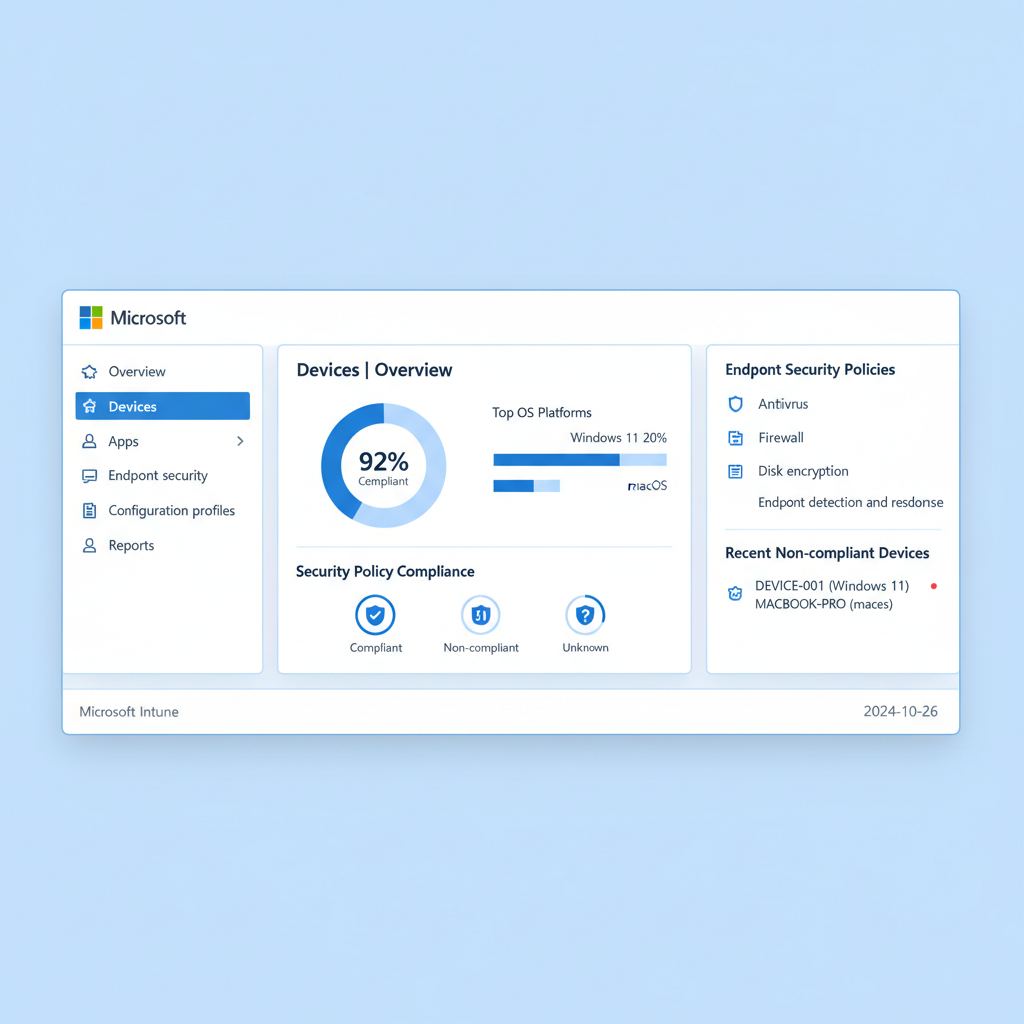 A screenshot of the Microsoft Intune console, showing device management and security policies.