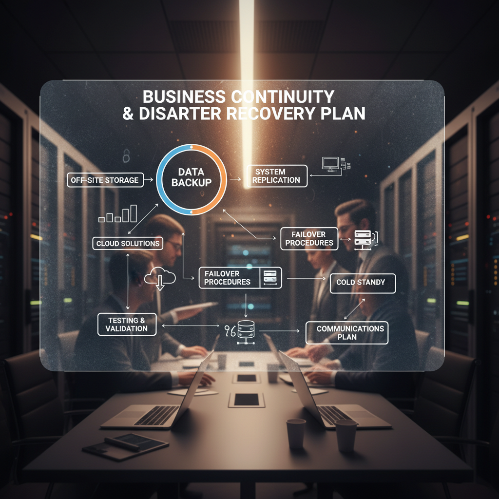 A diagram illustrating a business continuity and disaster recovery plan, showing various components like data backup, system replication, and failover procedures.