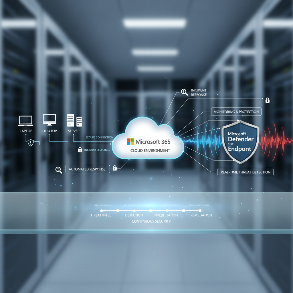A network diagram showing Microsoft Defender for Endpoint protecting various devices (laptops, desktops, servers) connected to a Microsoft 365 environment in the cloud. The diagram highlights the real-time threat detection and response capabilities.