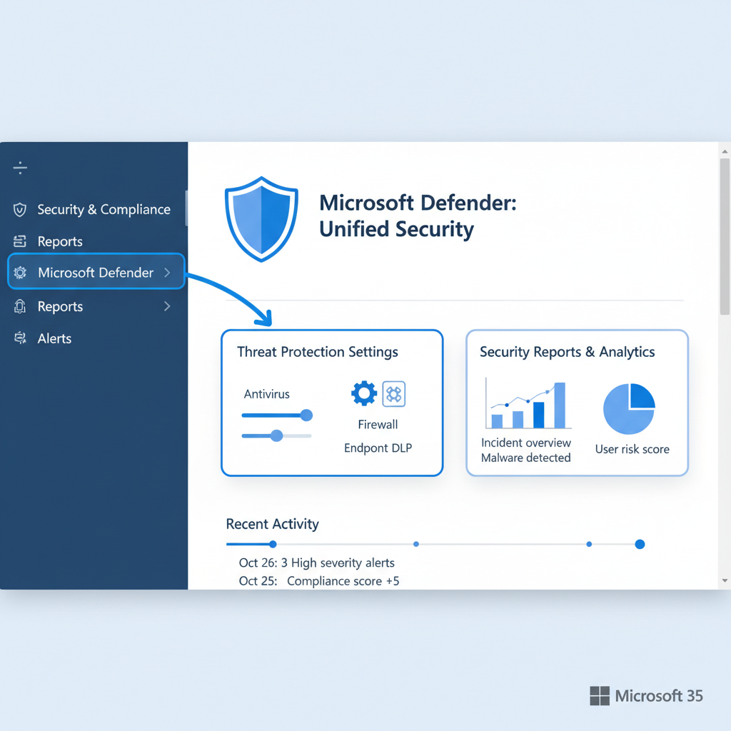 A screenshot of the Microsoft 365 admin center, highlighting the security and compliance features, specifically Microsoft Defender settings and reporting.