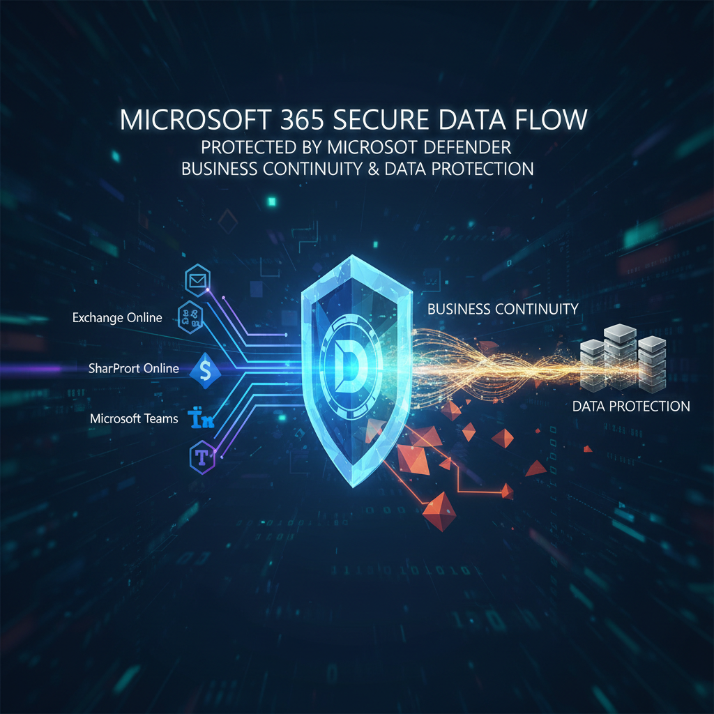 A graphic illustrating data flowing securely through Microsoft 365 services (Exchange, SharePoint, Teams) protected by Microsoft Defender, with a focus on business continuity and data protection.