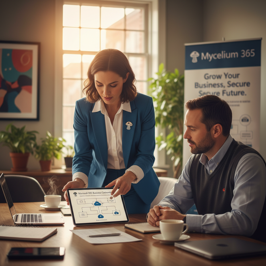 A Mycelium 365 representative consulting with a business owner in an office setting, discussing Microsoft 365 business continuity solutions. The atmosphere is professional and collaborative.