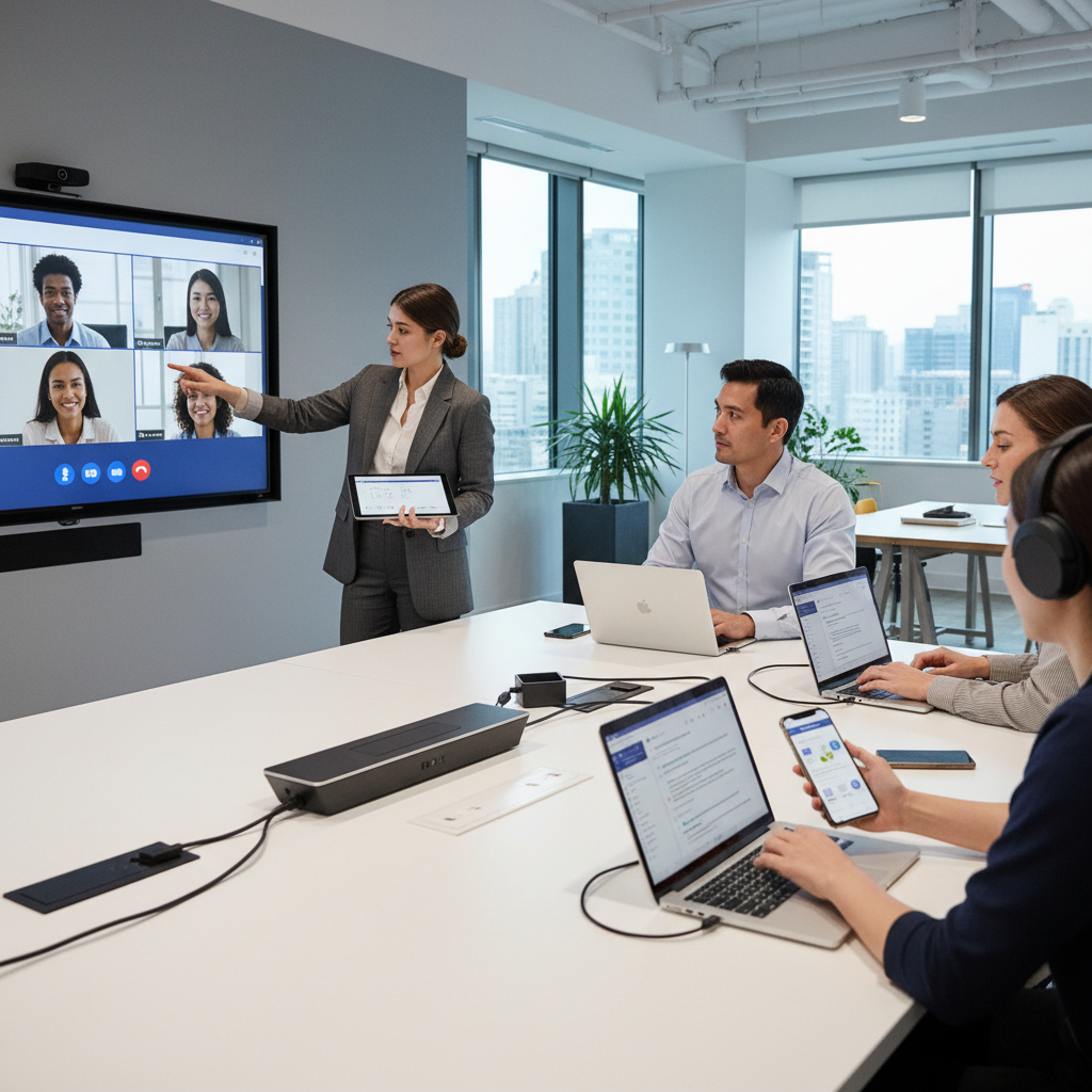 Employees collaborating on a project using Microsoft Teams on various devices, showcasing seamless connectivity and collaboration in a modern workplace.