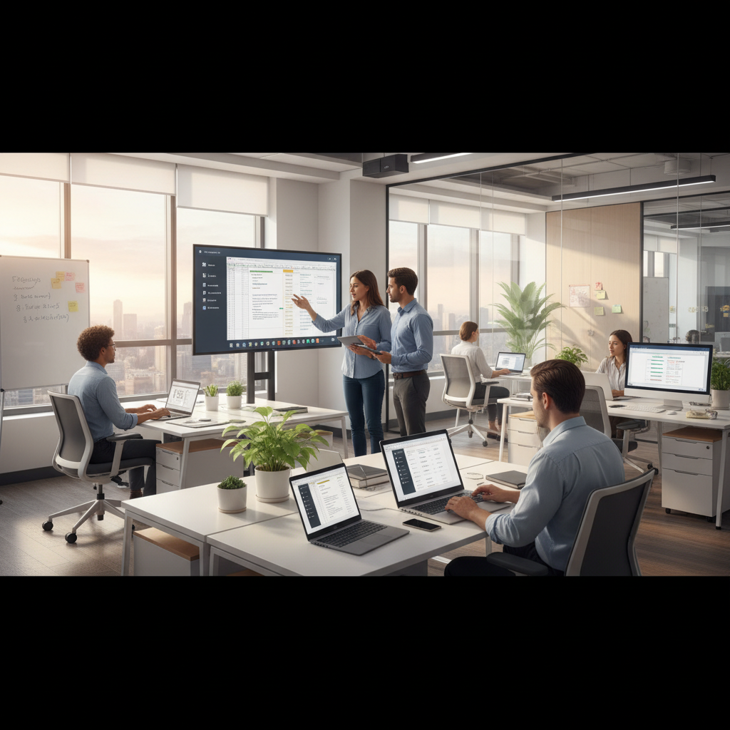 Office workers collaborating efficiently in a modern, brightly lit office, using Microsoft 365 applications on various devices. The scene highlights seamless connectivity and productivity.