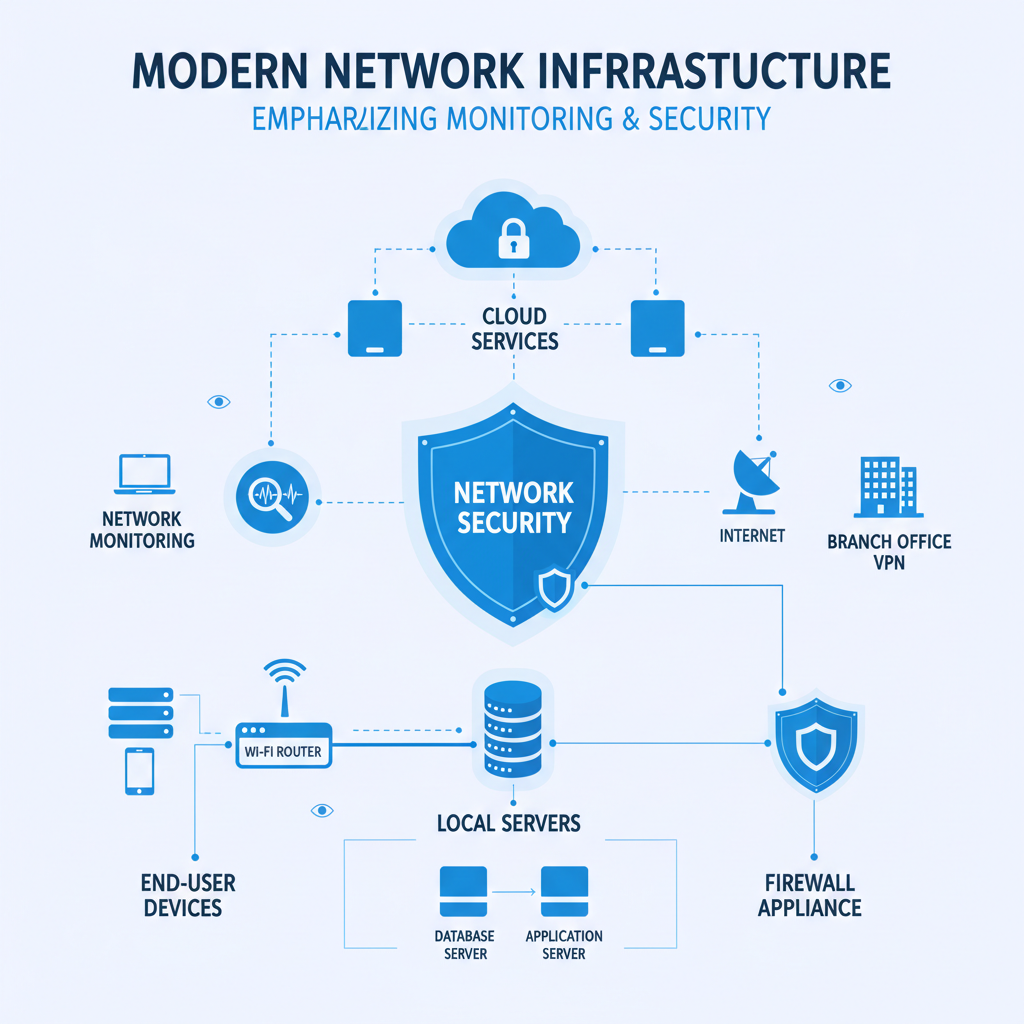 Diagram showing a network infrastructure with multiple devices, servers, and cloud connections, emphasizing the importance of network monitoring and security.