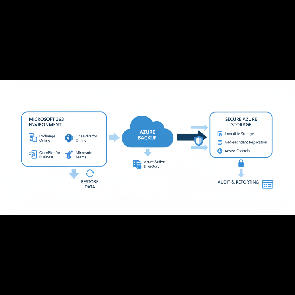 A diagram illustrating data flow and backup processes within a Microsoft 365 environment, highlighting the role of Azure Backup and secure storage.