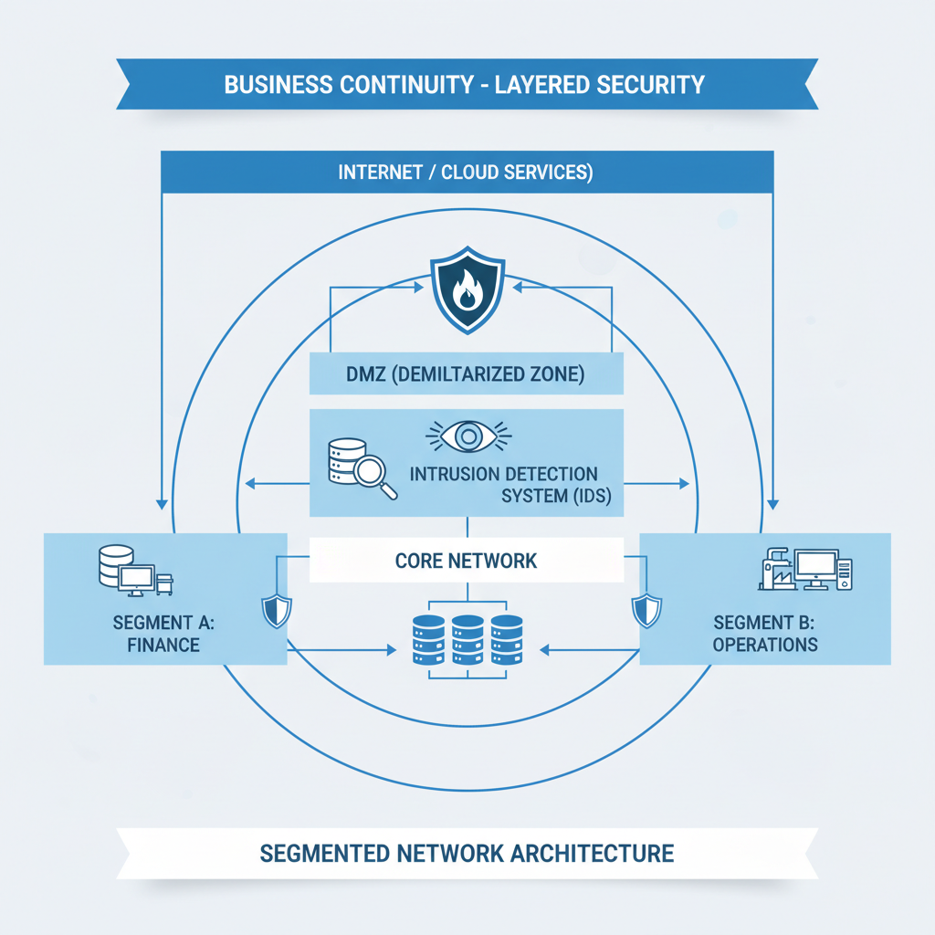 A network diagram illustrating segmented network architecture with firewalls, intrusion detection systems, and monitoring tools, emphasizing a layered security approach for business continuity.