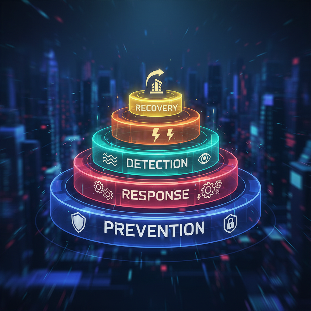 A graphic illustrating the layered approach to business continuity with categories like prevention, detection, response, and recovery.