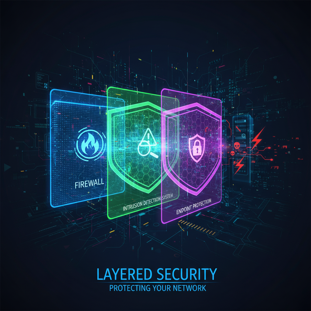 A visual representation of a layered security approach, highlighting the different security measures that protect a network from cyber threats, including firewalls, intrusion detection systems, and endpoint protection.