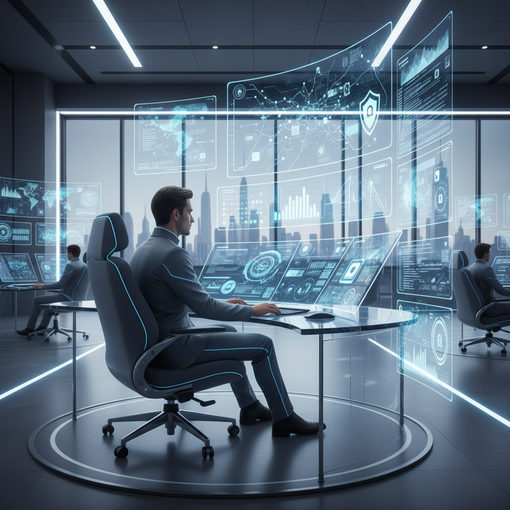 IT professional monitoring network performance and security dashboards in a modern office environment.
