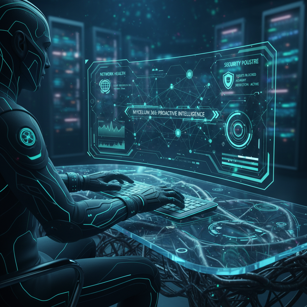 A Mycelium 365 engineer working at a computer, showing a dashboard with network monitoring and security metrics, conveying expertise and proactive management.