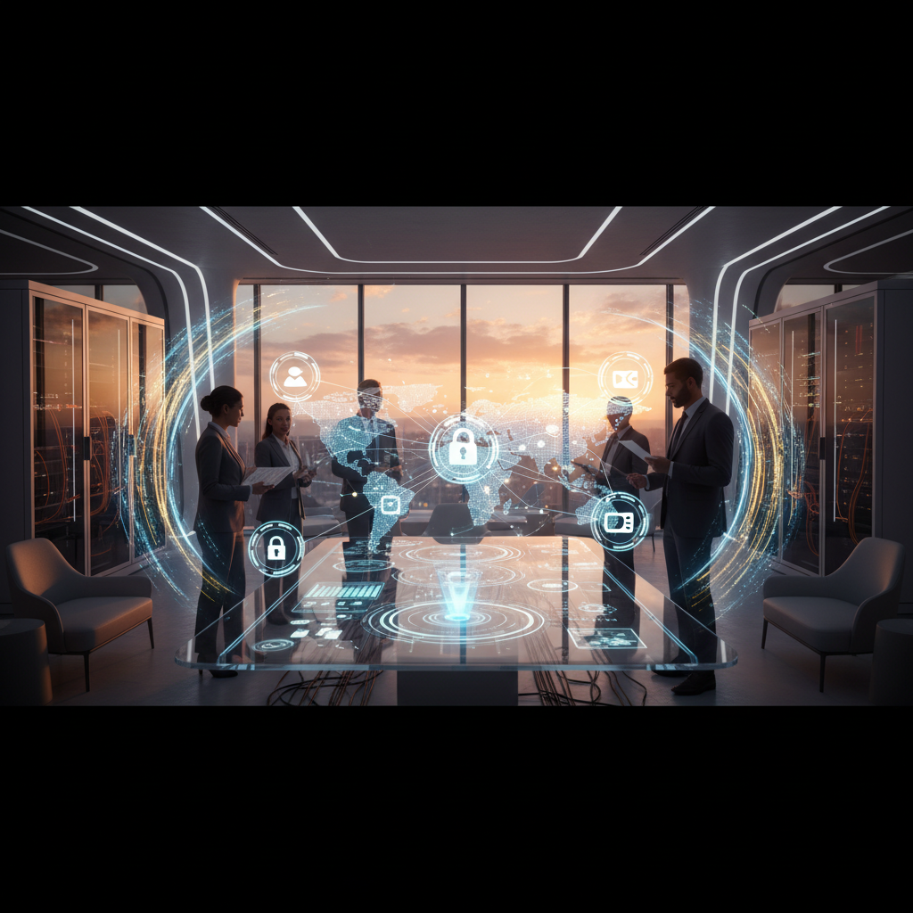 A futuristic depiction of a secure, interconnected business network, symbolizing the seamless integration of Microsoft 365 services and advanced security measures for business continuity.