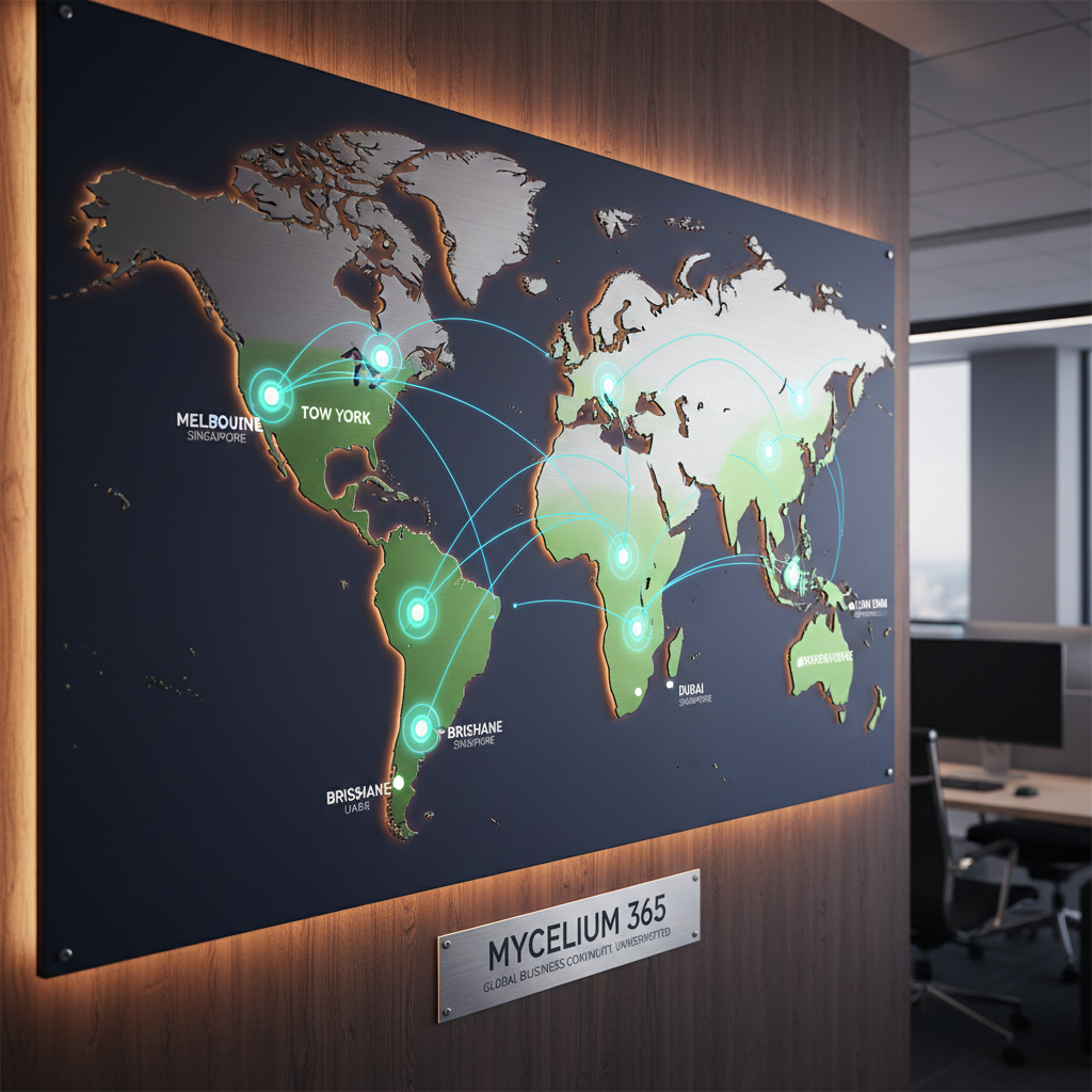 A world map showing Mycelium 365's global reach with offices in Melbourne, Sydney, Perth, Brisbane and international locations, highlighting the company's ability to provide business continuity support across different geographies.