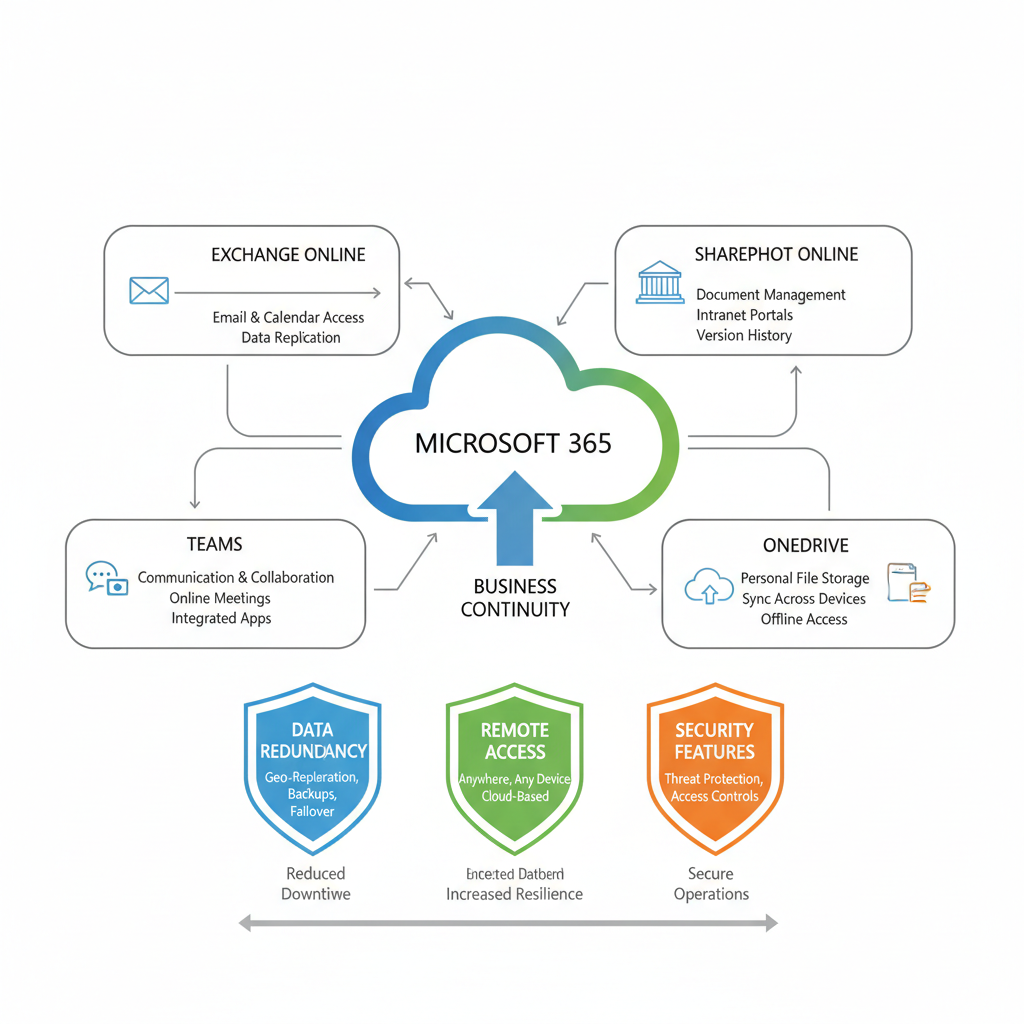 A diagram showing Microsoft 365 services (Exchange Online, SharePoint Online, Teams, OneDrive) and how they contribute to business continuity, highlighting data redundancy, remote access, and security features.