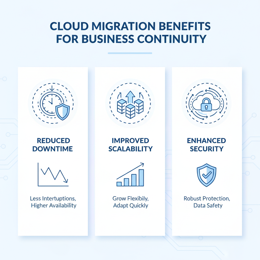 A graphic illustrating the benefits of cloud migration for business continuity, showing reduced downtime, improved scalability, and enhanced security.